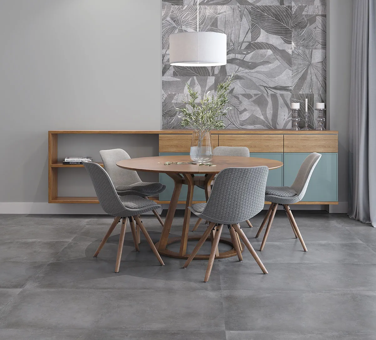 Espacio de la casa con azulejos efecto cemento en tonos neutros, colección Madox de Halcón