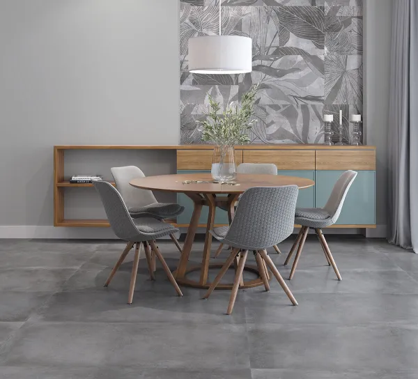 Espacio de la casa con azulejos efecto cemento en tonos neutros, colección Madox de Halcón