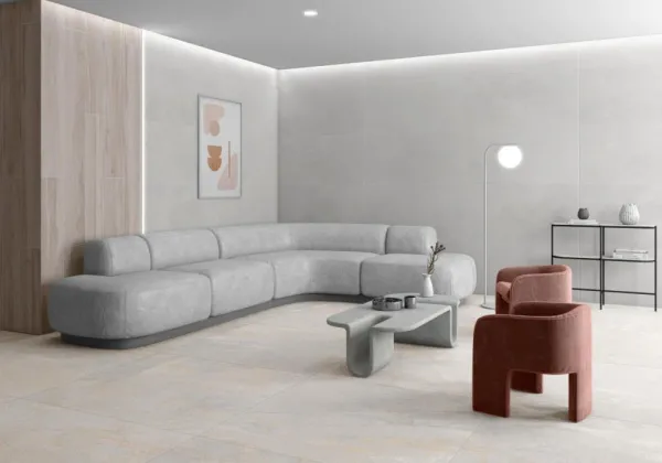 Espacio de la casa con azulejos efecto cemento en tonos neutros, colección Mainstone de TAU ceràmica