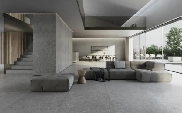 Espacio de la casa con azulejos efecto cemento en tonos neutros, colección Manhattan de Peronda