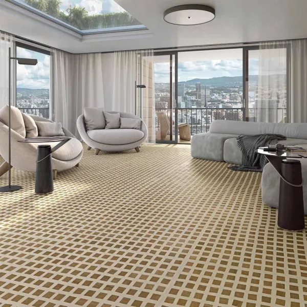 Espacio de la casa con azulejos efecto cemento en tonos cálidos, colección New york de Vives