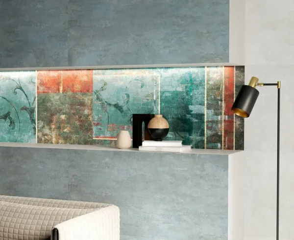 Espacio de la casa con azulejos efecto cemento en tonos fríos, colección Pictura de Naxos
