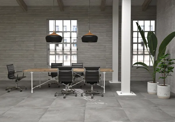Espacio de la casa con azulejos efecto cemento en tonos neutros, colección Powder - dust de Argenta