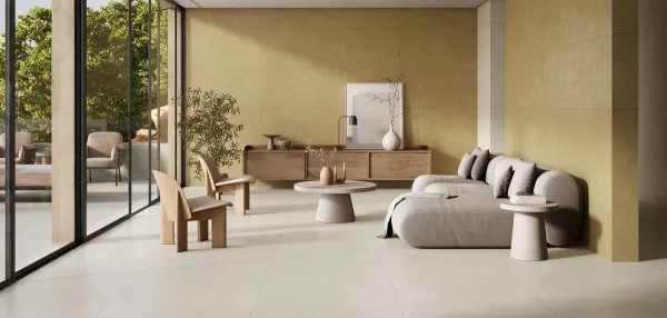 Espacio de la casa con azulejos efecto cemento en tonos cálidos, colección Q city de Durstone