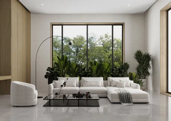Espacio de la casa con azulejos efecto cemento en tonos neutros, colección Route de TAU ceràmica