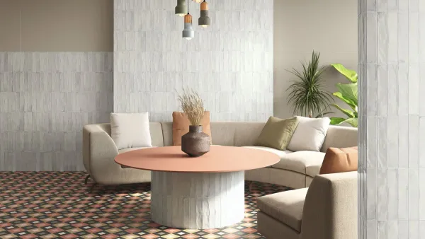 Espacio de la casa con azulejos efecto cemento, colección Savannah de Ape