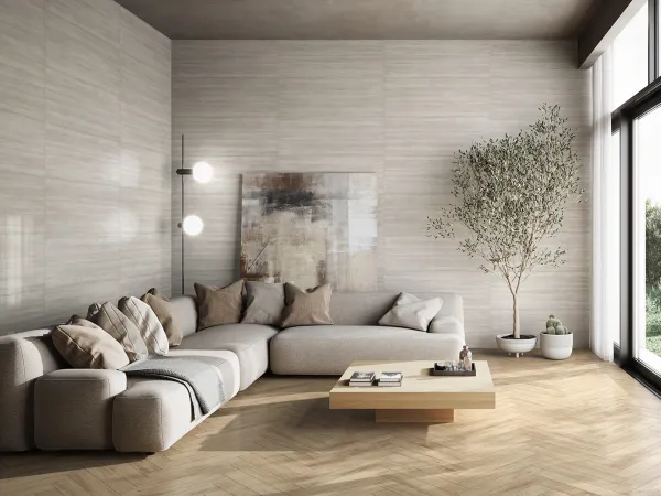 Espacio de la casa con azulejos efecto cemento en tonos cálidos, colección Serene de Durstone