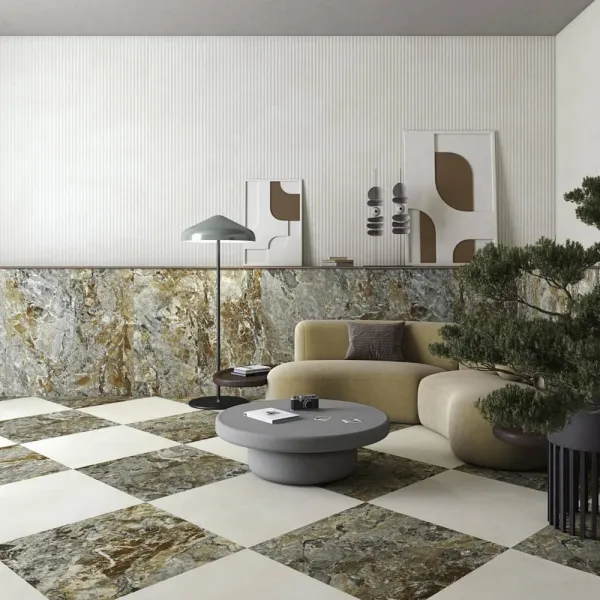 Espacio de la casa con azulejos efecto cemento en tonos neutros, colección Tandem marble de Vives