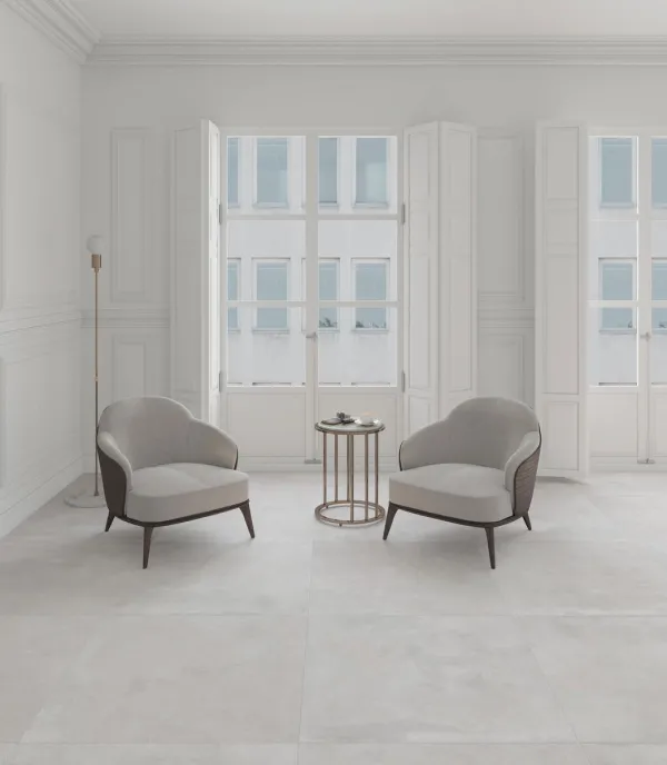 Espacio de la casa con azulejos efecto cemento en tonos neutros, colección Walmer de TAU ceràmica