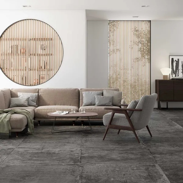 Espacio de la casa con azulejos efecto cemento en tonos neutros, colección Werkbund de Land