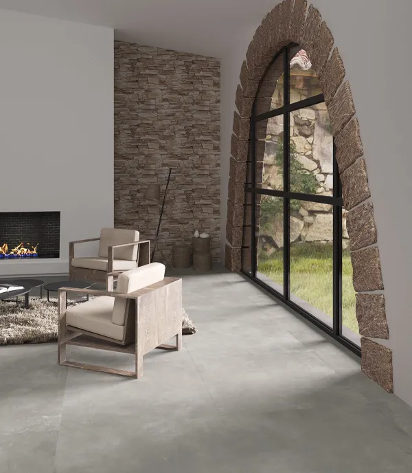 Espacio de la casa con azulejos efecto cemento en tonos neutros, colección Ziro de Navarti