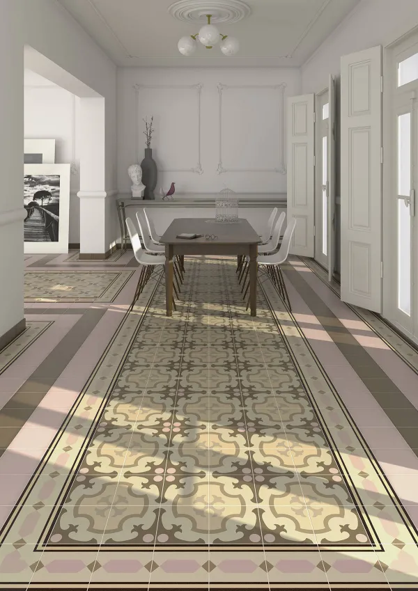 Espacio de la casa con azulejos efecto hidráulico en tonos cálidos, colección 1900 de Vives