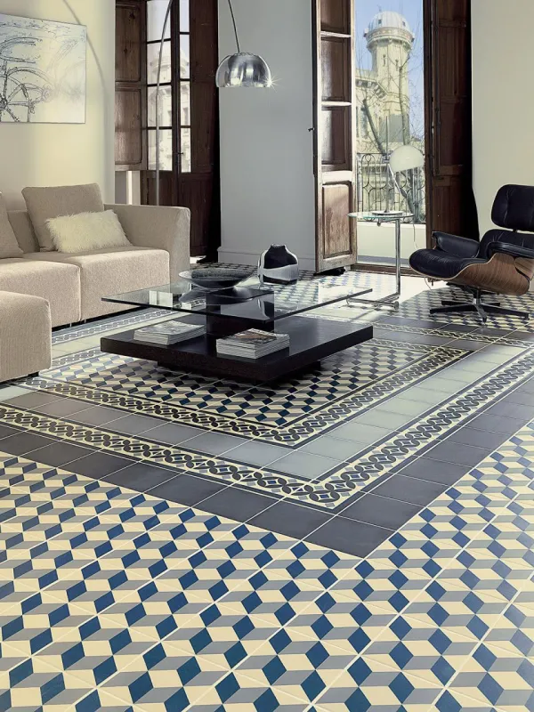 Espacio de la casa con azulejos efecto hidráulico en tonos fríos, colección 1900 de Vives