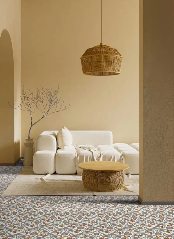 Espacio de la casa con azulejos efecto hidráulico en tonos cálidos, colección Altea de Mayolica