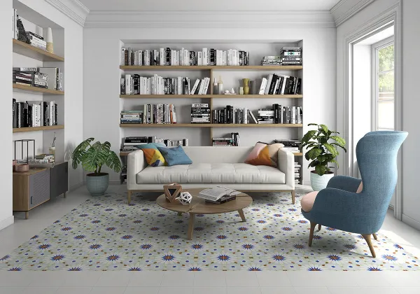 Espacio de la casa con azulejos efecto hidráulico en tonos neutros, colección Art de Pamesa