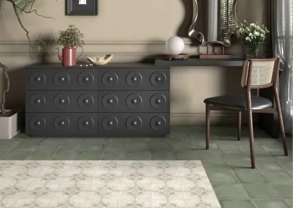 Espacio de la casa con azulejos efecto hidráulico, colección Atlantique de Dune