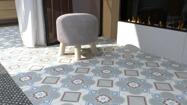 Espacio de la casa con azulejos efecto hidráulico en tonos fríos, colección Bel histoire de Revoir Paris