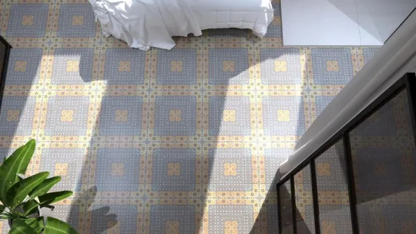 Espacio de la casa con azulejos efecto hidráulico, colección Bel histoire de Revoir Paris
