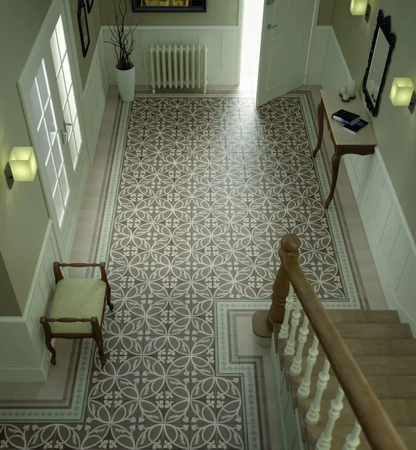 Espacio de la casa con azulejos efecto hidráulico, colección Caprice de Equipe