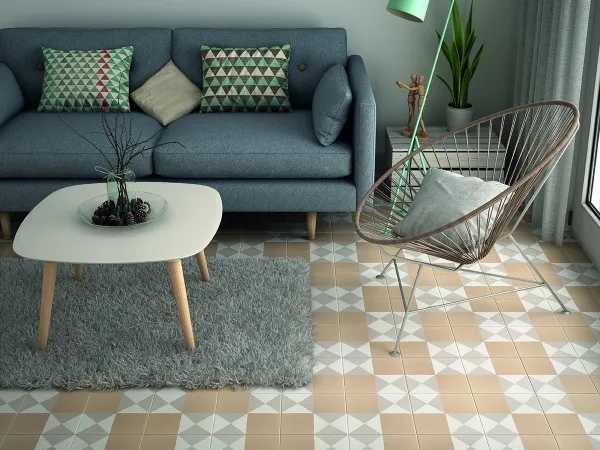Espacio de la casa con azulejos efecto hidráulico, colección Caprice de Equipe