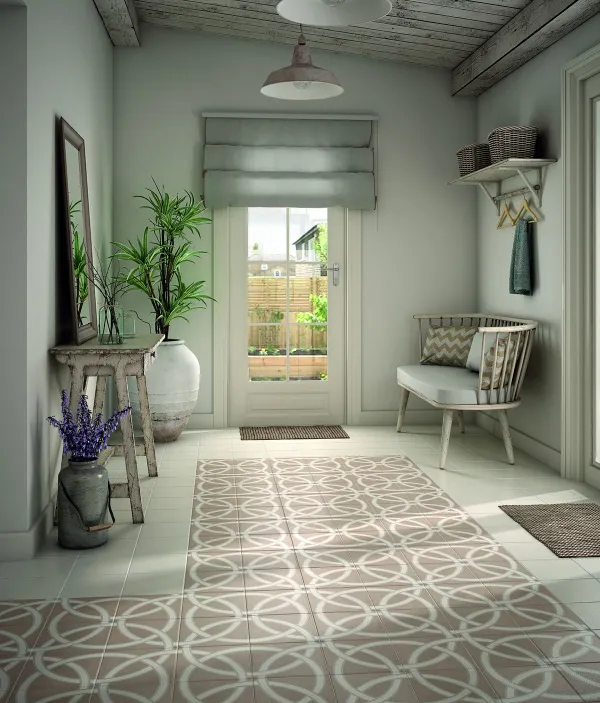 Espacio de la casa con azulejos efecto hidráulico en tonos neutros, colección Caprice de Equipe