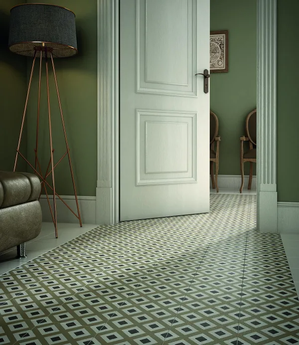 Espacio de la casa con azulejos efecto hidráulico, colección Caprice de Equipe