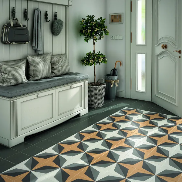 Espacio de la casa con azulejos efecto hidráulico en tonos neutros, colección Caprice de Equipe