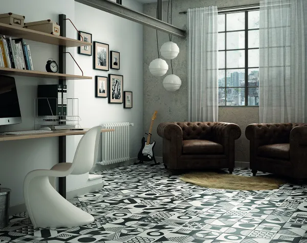Espacio de la casa con azulejos efecto hidráulico en tonos neutros, colección Caprice de Equipe