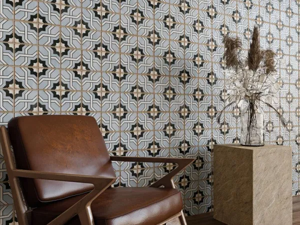 Espacio de la casa con azulejos efecto hidráulico, colección Casablanca de Harmony