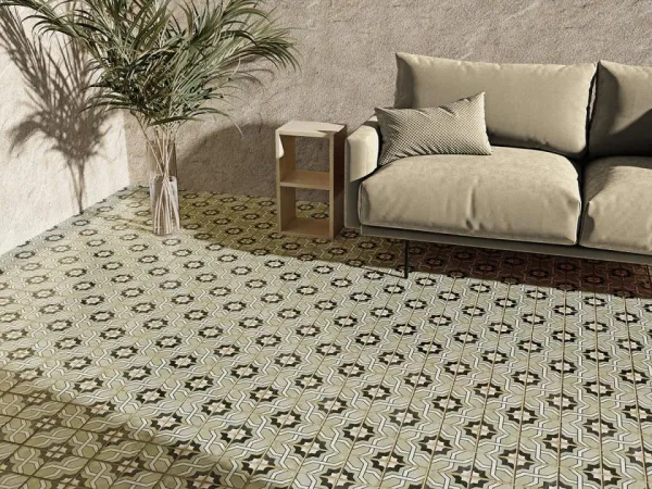 Espacio de la casa con azulejos efecto hidráulico, colección Casablanca de Harmony