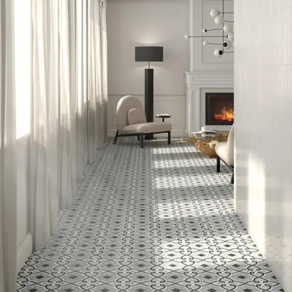 Espacio de la casa con azulejos efecto hidráulico en tonos neutros, colección Javea de Vives