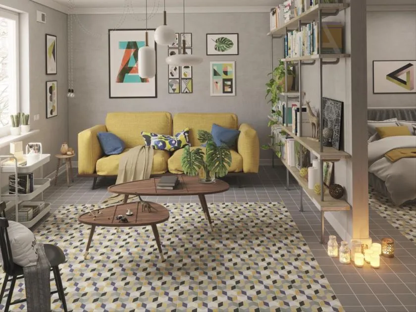 Espacio de la casa con azulejos efecto hidráulico, colección Lahore de Pissano