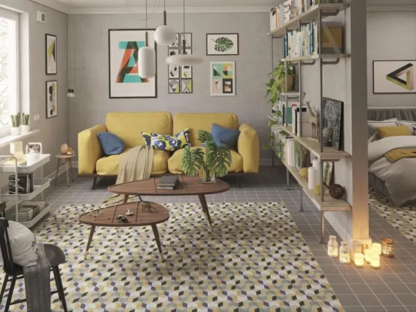 Espacio de la casa con azulejos efecto hidráulico, colección Lahore de Pissano