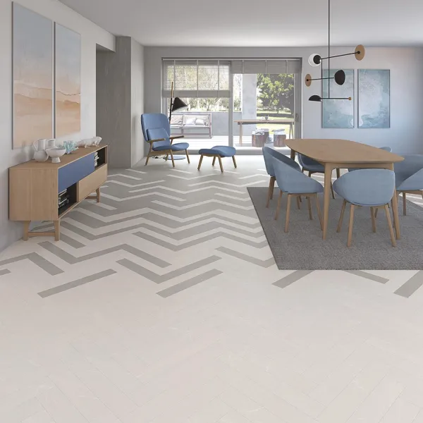 Espacio de la casa con azulejos efecto hidráulico en tonos neutros, colección Les points de seine de Vives
