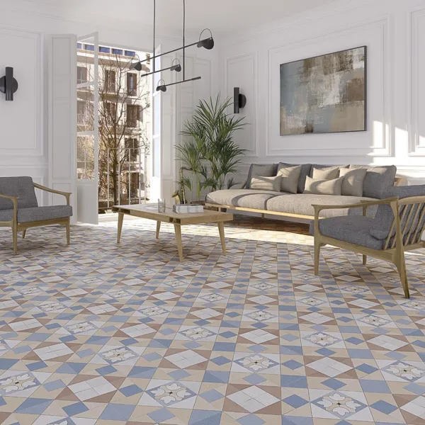 Espacio de la casa con azulejos efecto hidráulico, colección Les points de seine de Vives