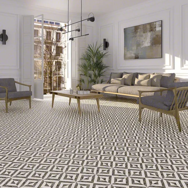 Espacio de la casa con azulejos efecto hidráulico en tonos neutros, colección Les points de seine de Vives
