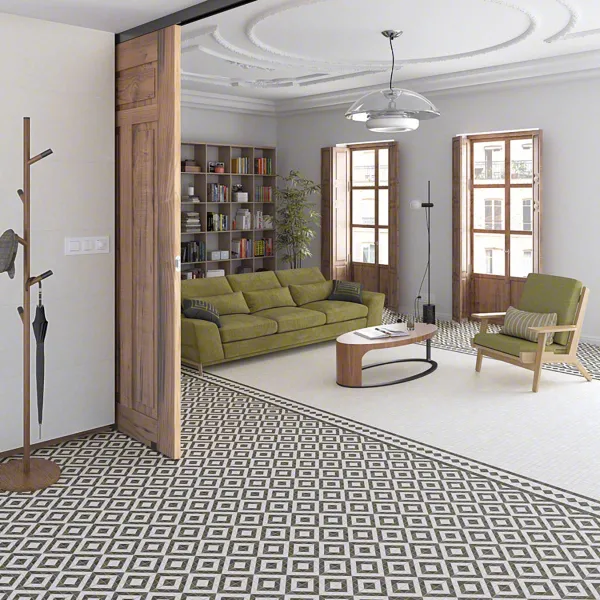 Espacio de la casa con azulejos efecto hidráulico en tonos neutros, colección Les points de seine de Vives