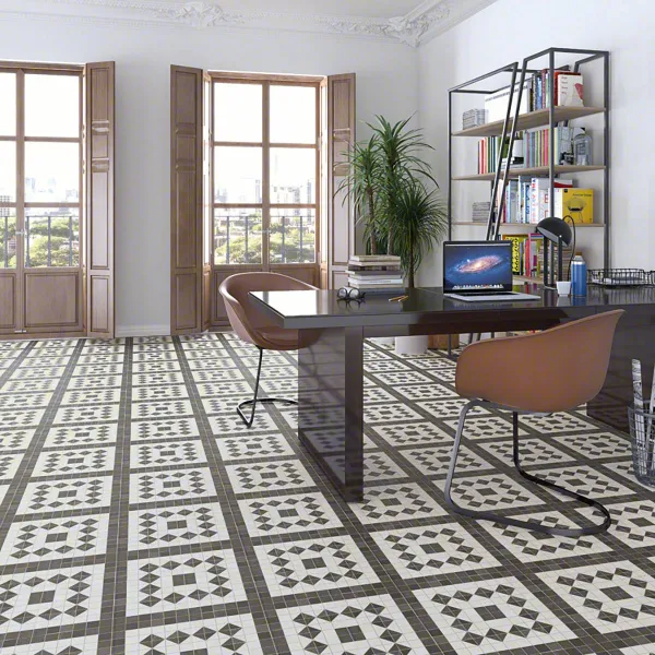 Espacio de la casa con azulejos efecto hidráulico en tonos neutros, colección Les points de seine de Vives