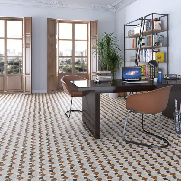 Espacio de la casa con azulejos efecto hidráulico en tonos cálidos, colección Les points de seine de Vives