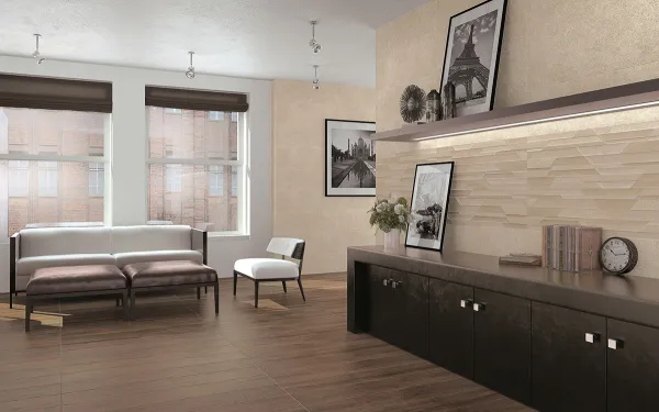 Espacio de la casa con azulejos efecto hidráulico en tonos cálidos, colección Neolitick de Colorker