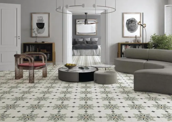 Espacio de la casa con azulejos efecto hidráulico en tonos neutros, colección Niza de Vives