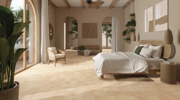 Espacio de la casa con azulejos efecto hidráulico en tonos cálidos, colección Pangea de Harmony