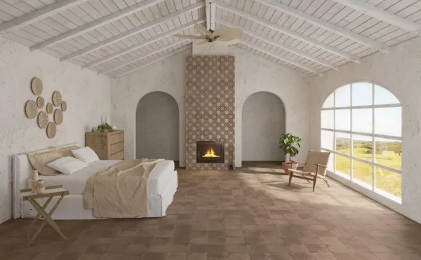 Espacio de la casa con azulejos efecto hidráulico en tonos cálidos, colección Pangea de Harmony
