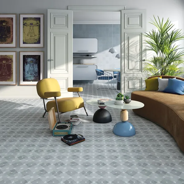 Espacio de la casa con azulejos efecto hidráulico en tonos fríos, colección Pop tiles de Vives