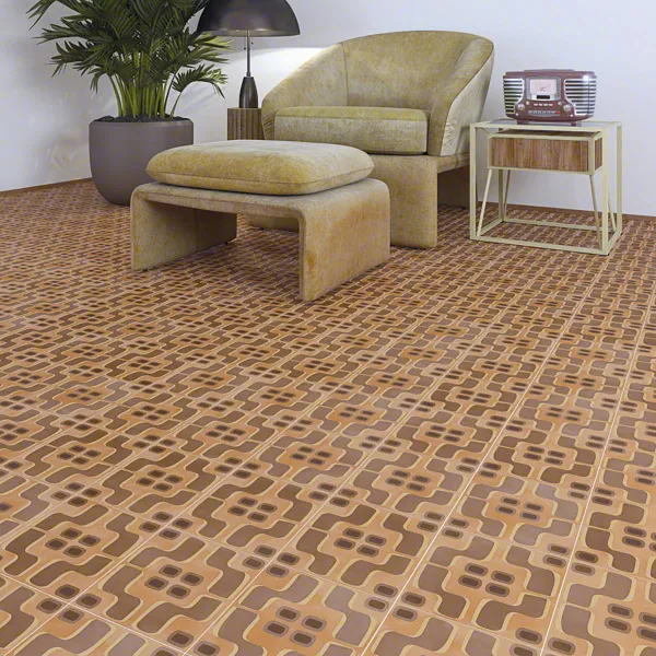 Espacio de la casa con azulejos efecto hidráulico en tonos cálidos, colección Pop tiles de Vives
