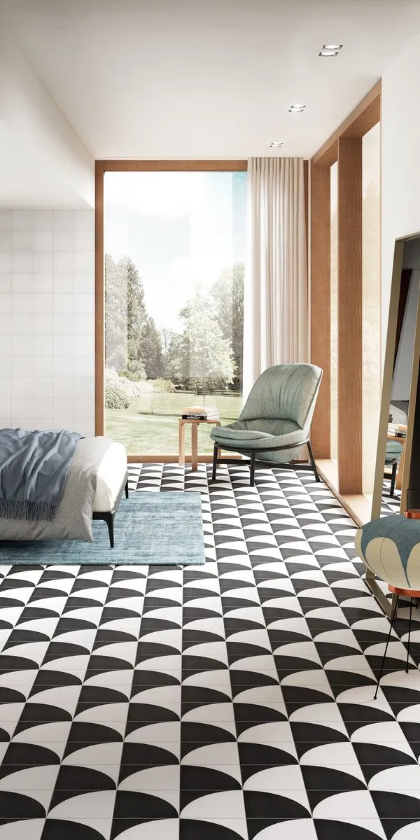 Espacio de la casa con azulejos efecto hidráulico en tonos neutros, colección Scenario de Marazzi