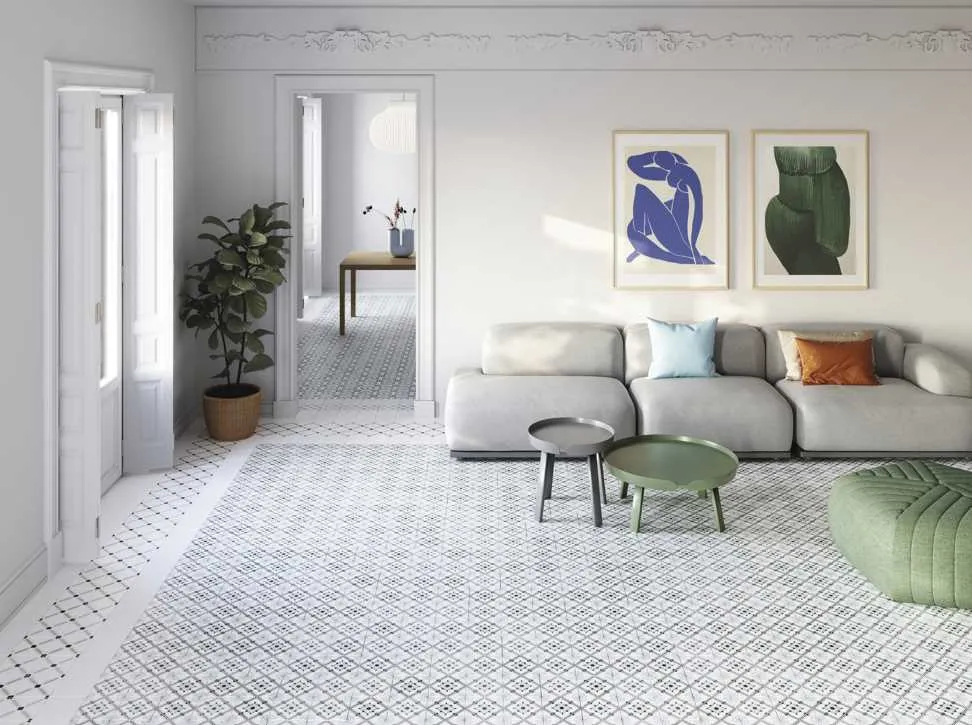 Espacio de la casa con azulejos efecto hidráulico, colección Tanger de Harmony