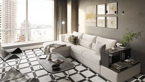 Espacio de la casa con azulejos efecto hidráulico en tonos neutros, colección Windsor de Pissano