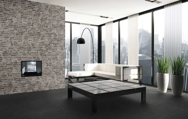 Espacio de la casa con azulejos efecto ladrillo en tonos neutros, colección Manhattan de Realonda