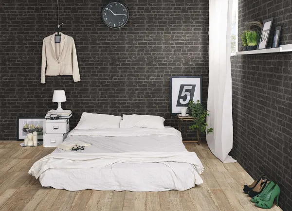 Espacio de la casa con azulejos efecto ladrillo en tonos neutros, colección Manhattan de Realonda